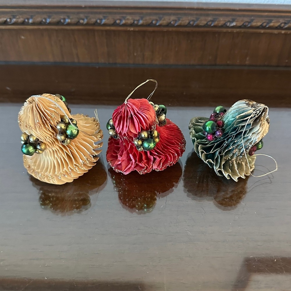 3 Vintage Commodore Honeycomb Mercury Glass Bead Bell Christmas Ornaments